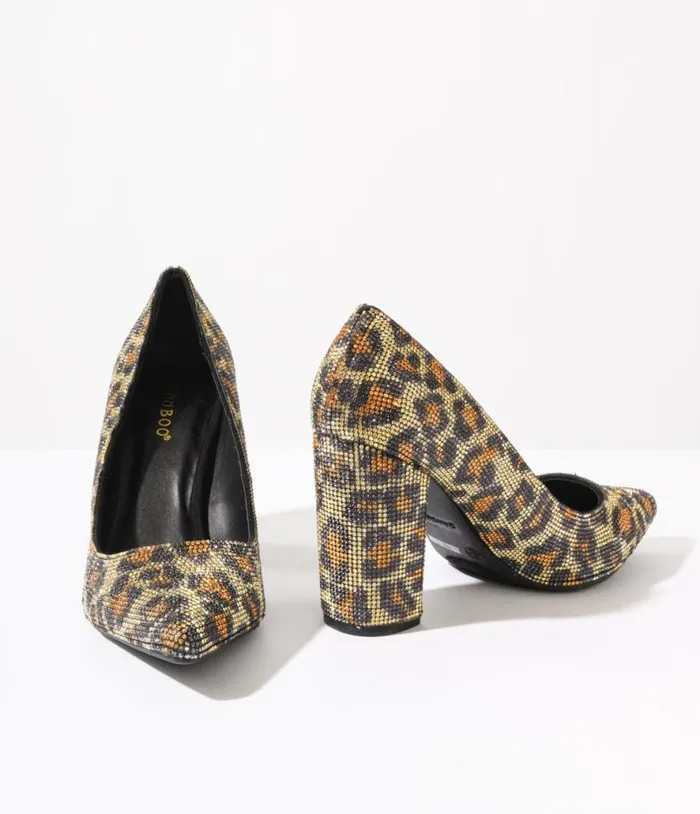 Leopard Rhinestone Block Heels Shoes Unique Vintage Heels