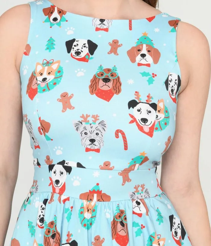 Light Blue and Christmas Puppy Print Flare Dress DressesPlus Unique Vintage Pocket Dresses