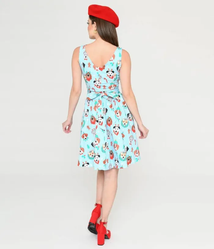 Light Blue and Christmas Puppy Print Flare Dress DressesPlus Unique Vintage Pocket Dresses