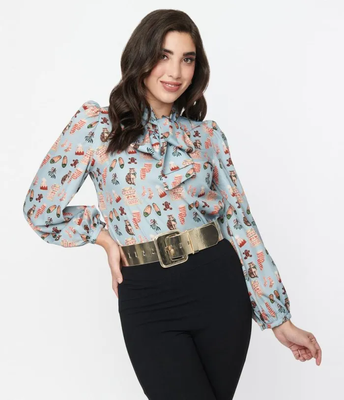 Light Blue Holiday Party Print Satin Bow Blouse Clothing Unique Vintage Blouses Light Blue Holiday Party Print Satin Bow Blouse Clothing Unique Vintage Blouses