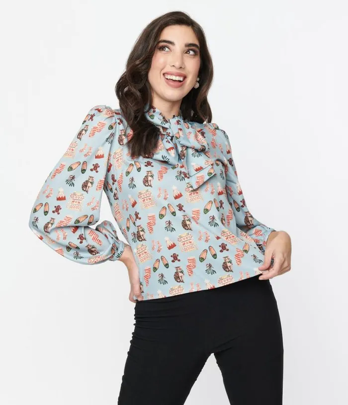 Light Blue Holiday Party Print Satin Bow Blouse Clothing Unique Vintage Blouses