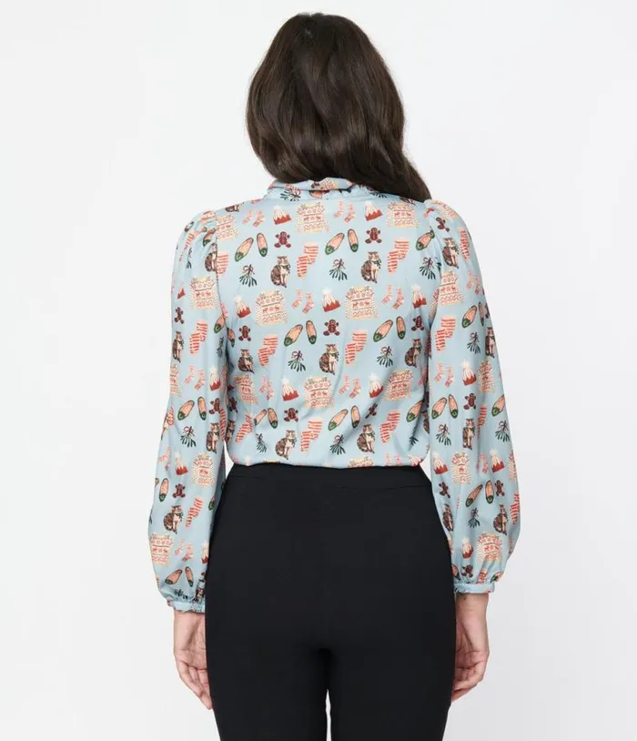 Light Blue Holiday Party Print Satin Bow Blouse Clothing Unique Vintage Blouses