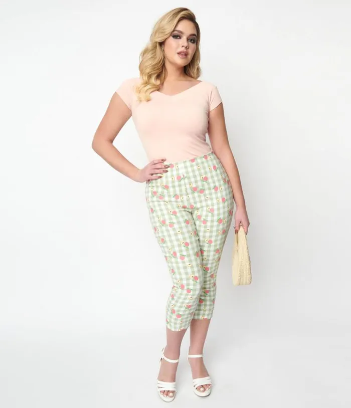 Light Green Gingham and Peaches Rachelle Capri Pants Clothing Unique Vintage Pants Light Green Gingham and Peaches Rachelle Capri Pants Clothing Unique Vintage Pants