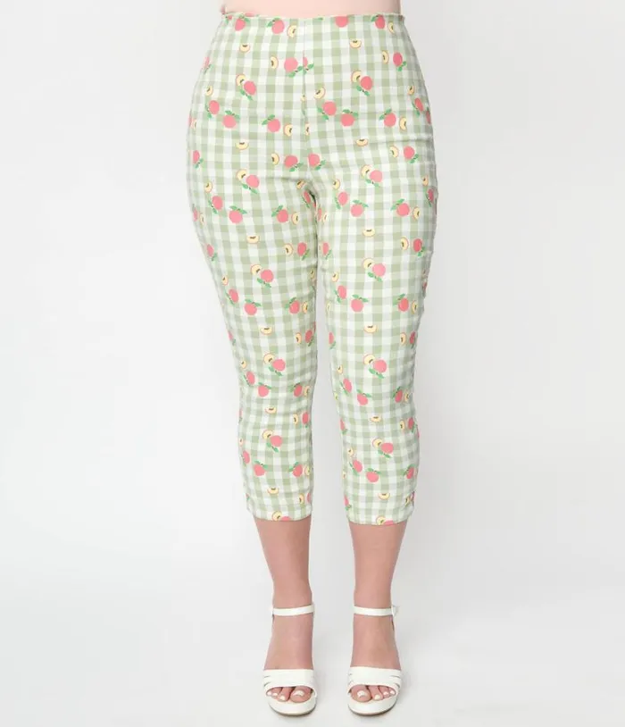 Light Green Gingham and Peaches Rachelle Capri Pants Clothing Unique Vintage Pants