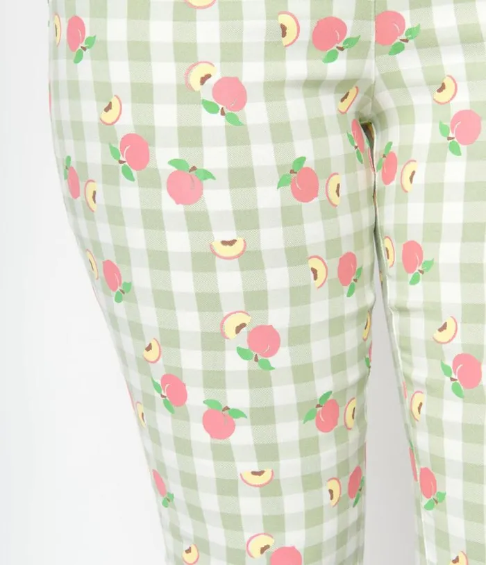 Light Green Gingham and Peaches Rachelle Capri Pants Clothing Unique Vintage Pants