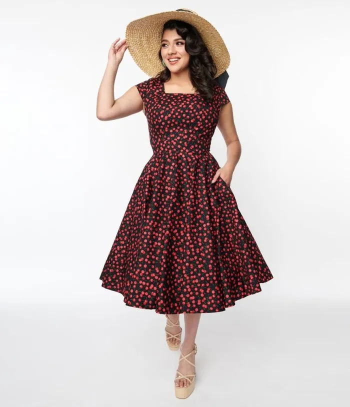 Magnolia Place Black and Cherry Anna Swing Dress DressesPlus Unique Vintage Swing