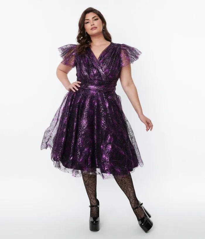 Magnolia Place Black and Purple Spider Web Midori Swing Dress DressesHalloweenPlus Unique Vintage Dresses