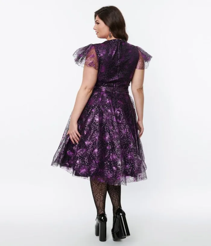 Magnolia Place Black and Purple Spider Web Midori Swing Dress DressesHalloweenPlus Unique Vintage Dresses