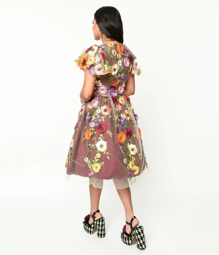 Magnolia Place Burgundy Flower Party Midori Swing Dress DressesPlus Unique Vintage Swing