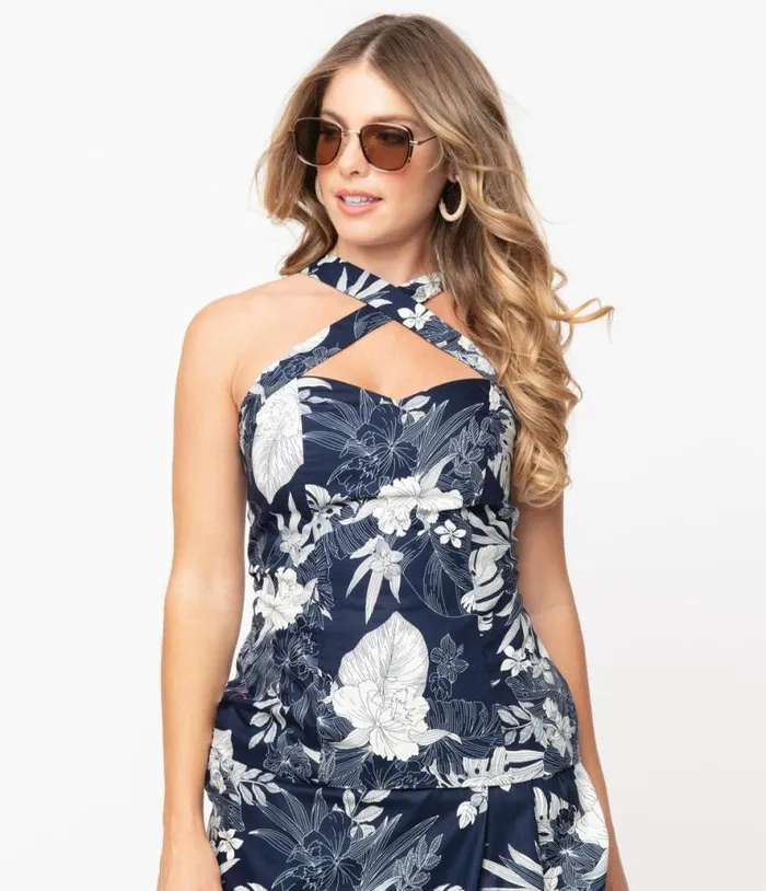 Magnolia Place Navy and White Hawaiian Print Cross Neck Sandra Top Clothing Unique Vintage Blouses