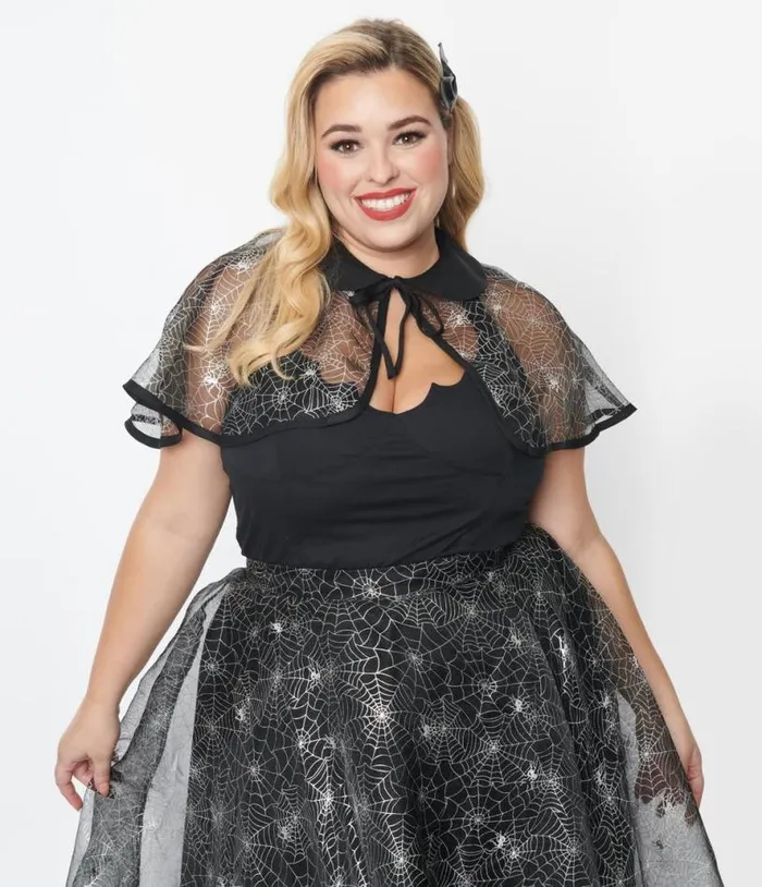 Magnolia Place Plus Size Black Spiderweb Capelet Halloween Unique Vintage Tops
