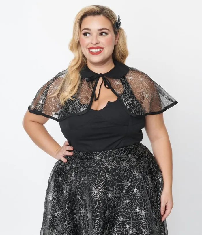 Magnolia Place Plus Size Black Spiderweb Capelet Halloween Unique Vintage Tops