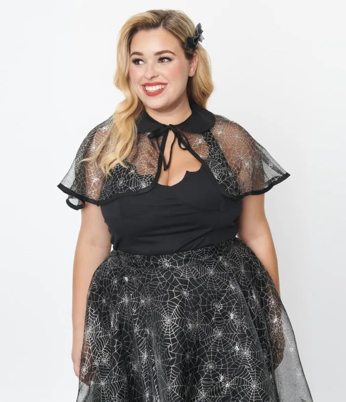 Magnolia Place Plus Size Black Spiderweb Capelet Halloween Unique Vintage Tops