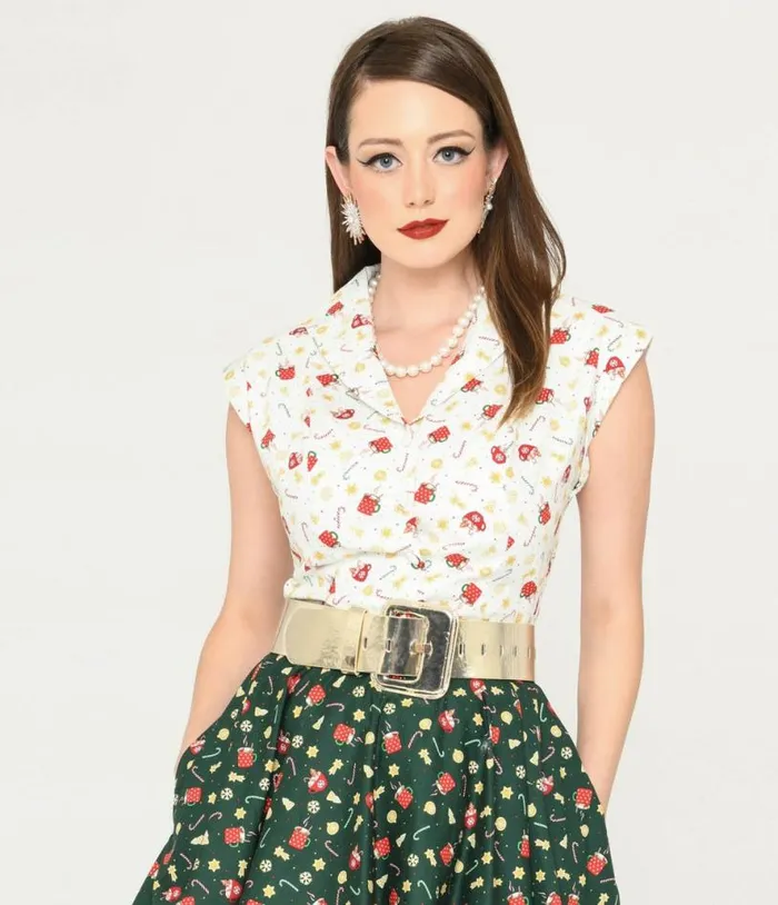 Magnolia Place White and Holiday Print Tamara Blouse ClothingPlus Unique Vintage Blouses Magnolia Place White and Holiday Print Tamara Blouse ClothingPlus Unique Vintage Blouses