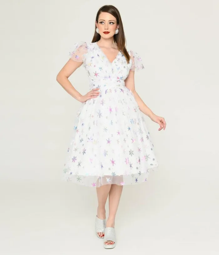 Magnolia Place White and Sparkle Snowflake Midori Dress DressesPlus Unique Vintage Swing Magnolia Place White and Sparkle Snowflake Midori Dress DressesPlus Unique Vintage Swing