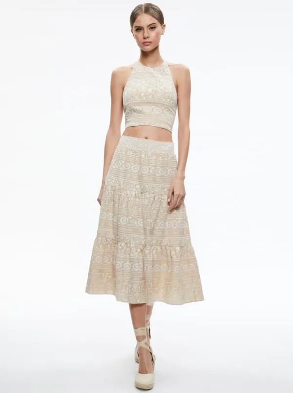 Matching Sets Women Alice Olivia JAYMEE TIE NECK CROPPED HALTER TOP REISE TIERED MIDI SKIRT Matching Sets Women Alice Olivia JAYMEE TIE NECK CROPPED HALTER TOP REISE TIERED MIDI SKIRT