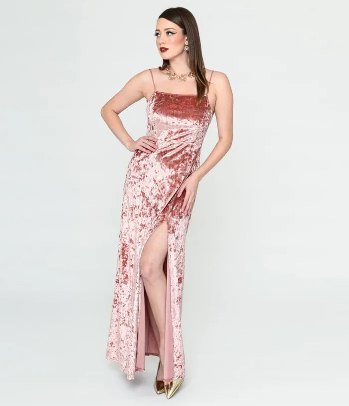 Mauve Crushed Velvet Maxi Dress DressesPlus Unique Vintage Midi and Maxi