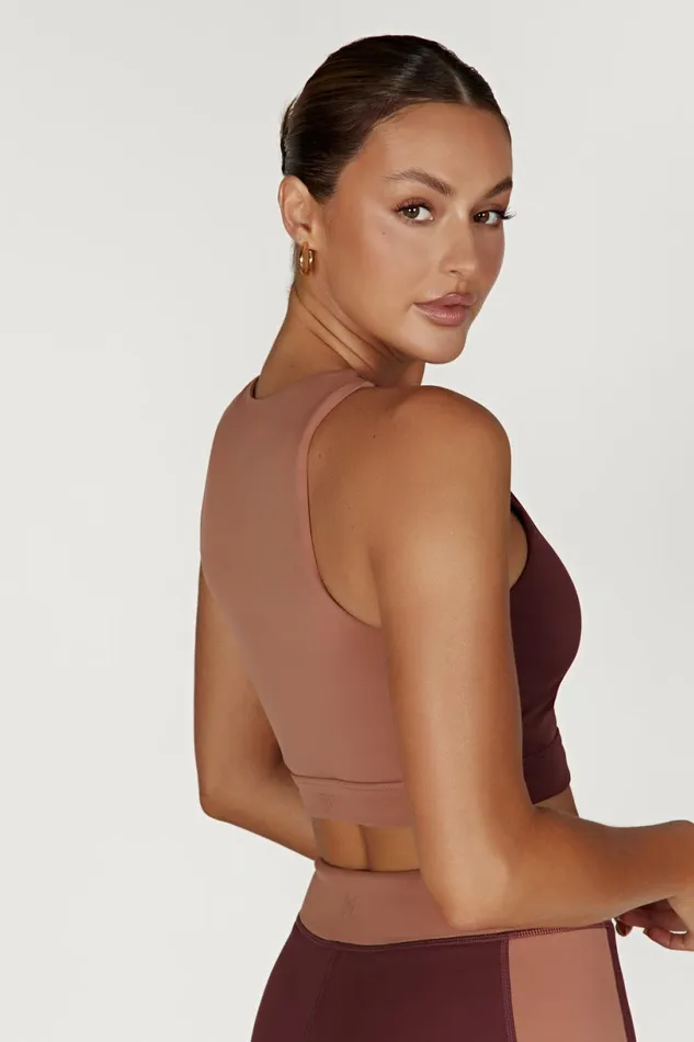 Meshki Activewear Tops Women Lori Two Tone Racer Crop Top 8211 MahoganyTan Mahoganytan Meshki Activewear Tops Women Lori Two Tone Racer Crop Top 8211 MahoganyTan Mahoganytan