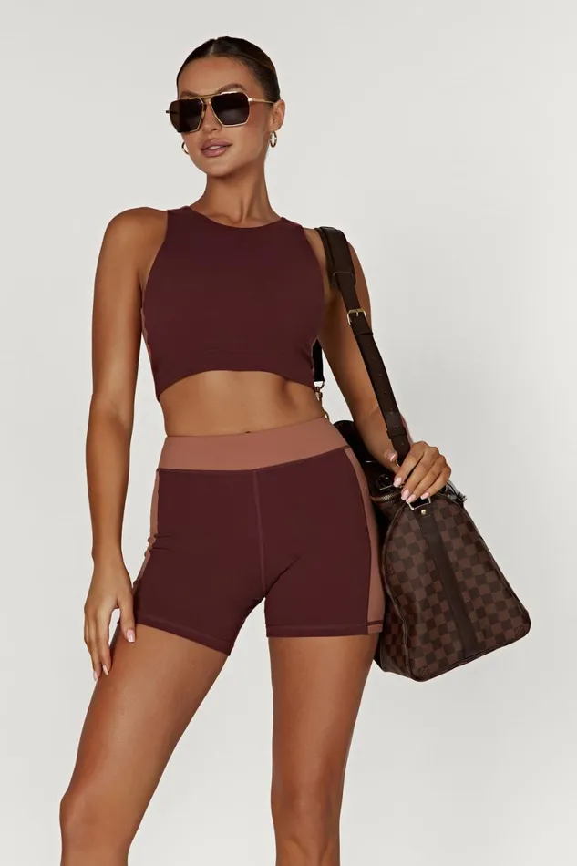 Meshki Activewear Tops Women Lori Two Tone Racer Crop Top 8211 MahoganyTan Mahoganytan Meshki Activewear Tops Women Lori Two Tone Racer Crop Top 8211 MahoganyTan Mahoganytan