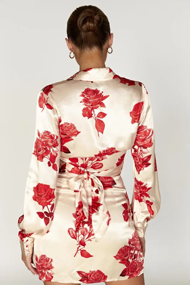 Meshki Bachelorette Women Amia Satin Wrap Shirt 8211 Rose Print Roseprint