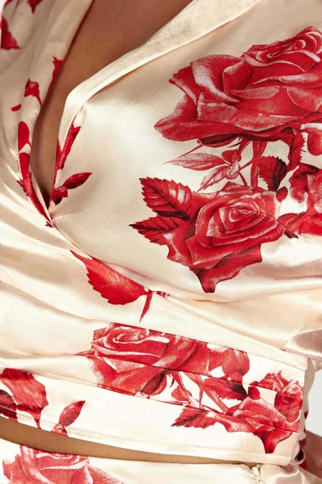 Meshki Bachelorette Women Amia Satin Wrap Shirt 8211 Rose Print Roseprint