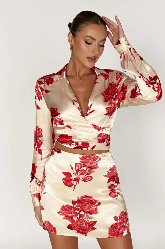 Meshki Bachelorette Women Amia Satin Wrap Shirt 8211 Rose Print Roseprint