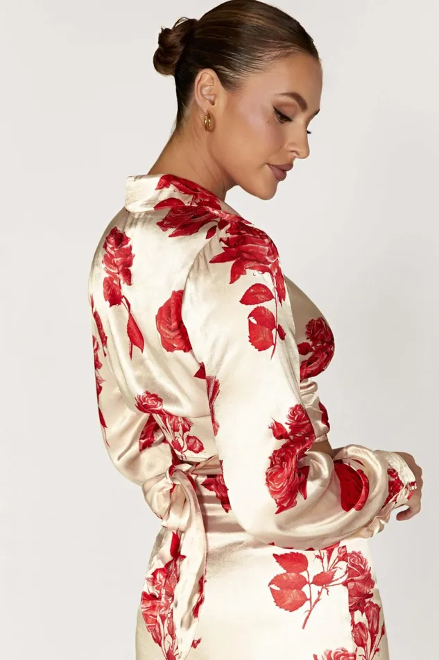 Meshki Bachelorette Women Amia Satin Wrap Shirt 8211 Rose Print Roseprint
