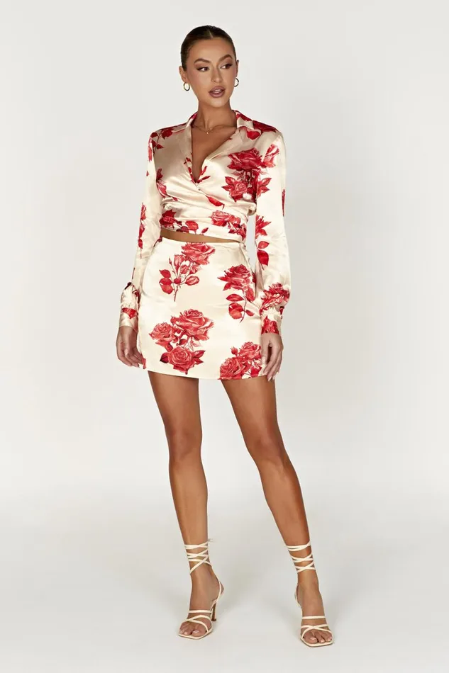 Meshki Bachelorette Women Amia Satin Wrap Shirt 8211 Rose Print Roseprint