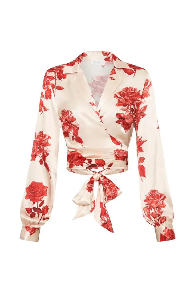 Meshki Bachelorette Women Amia Satin Wrap Shirt 8211 Rose Print Roseprint