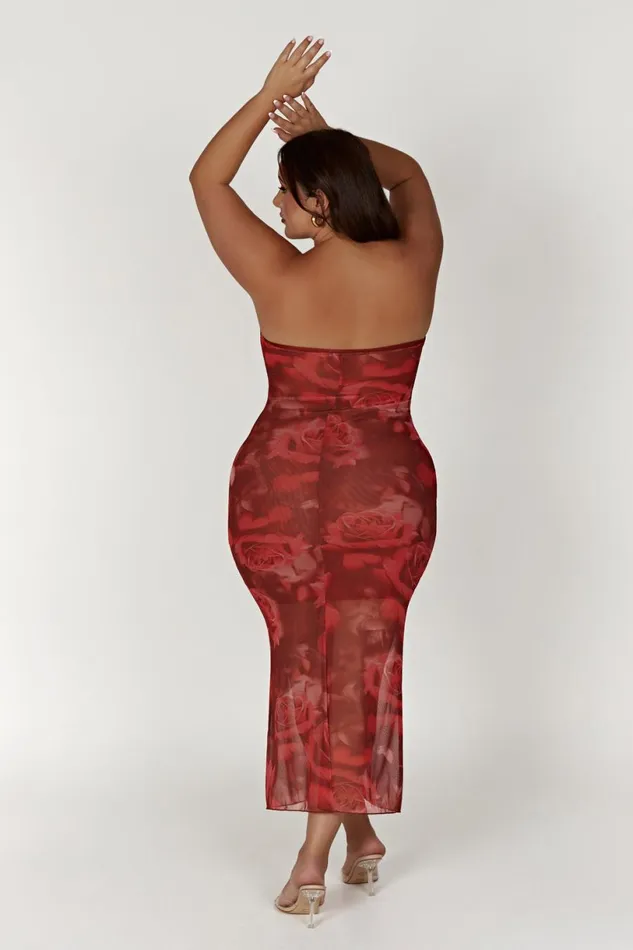 Meshki Bachelorette Women Aphrodite Strapless Mesh Dress 8211 Oversized Rose Print Oversized Rose Print