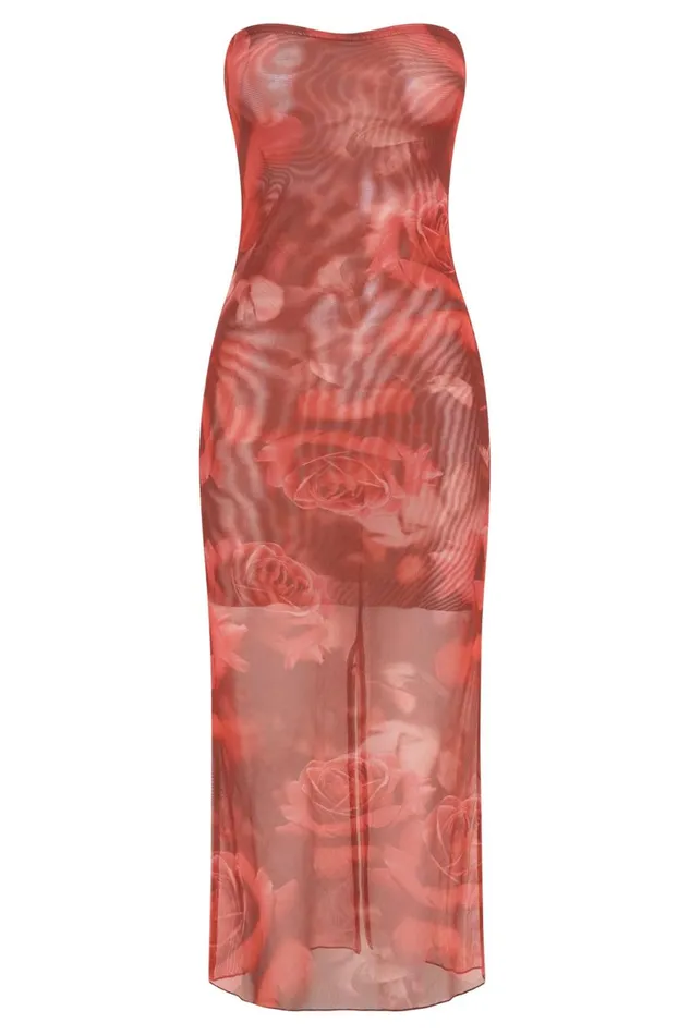 Meshki Bachelorette Women Aphrodite Strapless Mesh Dress 8211 Oversized Rose Print Oversized Rose Print