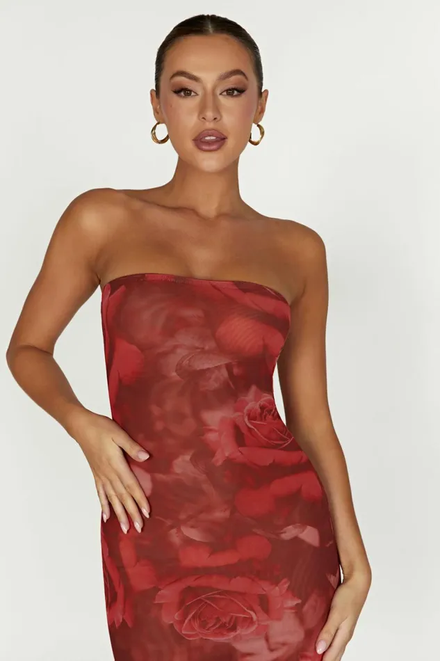 Meshki Bachelorette Women Aphrodite Strapless Mesh Dress 8211 Oversized Rose Print Oversized Rose Print