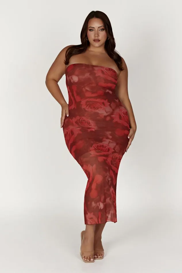 Meshki Bachelorette Women Aphrodite Strapless Mesh Dress 8211 Oversized Rose Print Oversized Rose Print