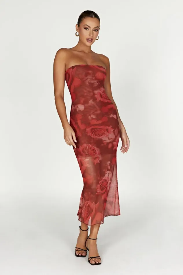 Meshki Bachelorette Women Aphrodite Strapless Mesh Dress 8211 Oversized Rose Print Oversized Rose Print