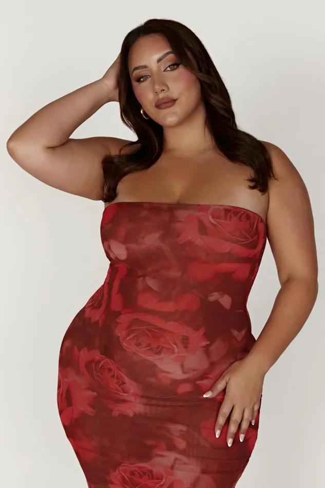 Meshki Bachelorette Women Aphrodite Strapless Mesh Dress 8211 Oversized Rose Print Oversized Rose Print