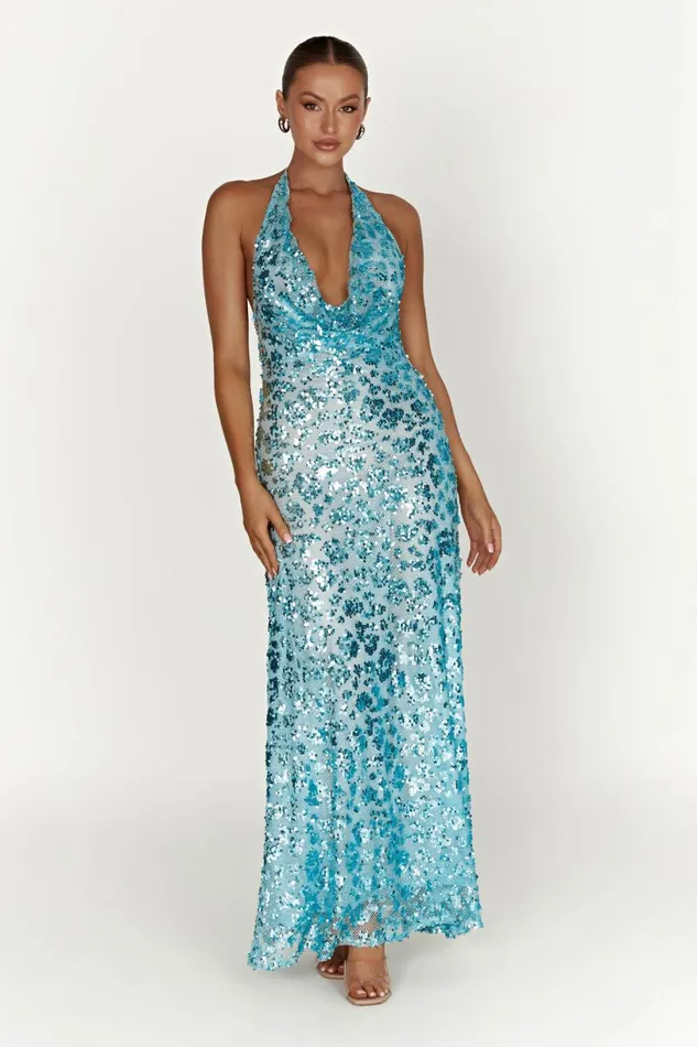 Meshki Bachelorette Women Nicola Plunge Neck Sequin Maxi Dress 8211 Powder Blue Powderblue