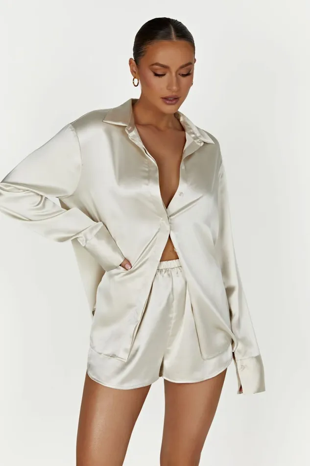 Meshki Basic Bottoms Women Meera Satin Shorts 8211 Ivory Ivory