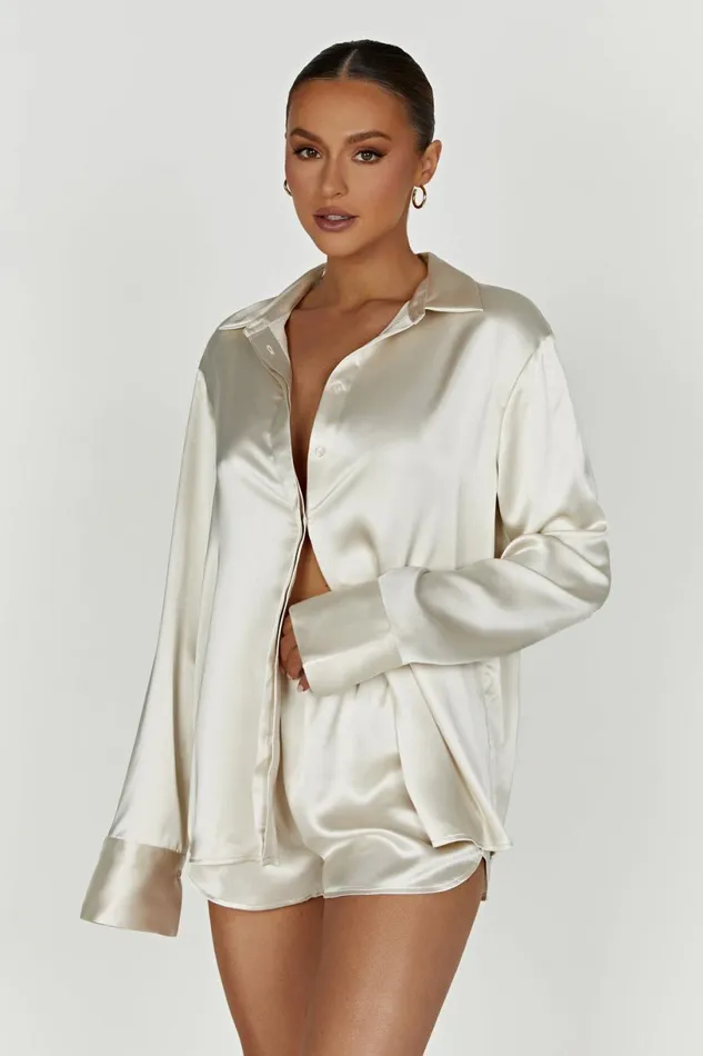 Meshki Basic Bottoms Women Meera Satin Shorts 8211 Ivory Ivory