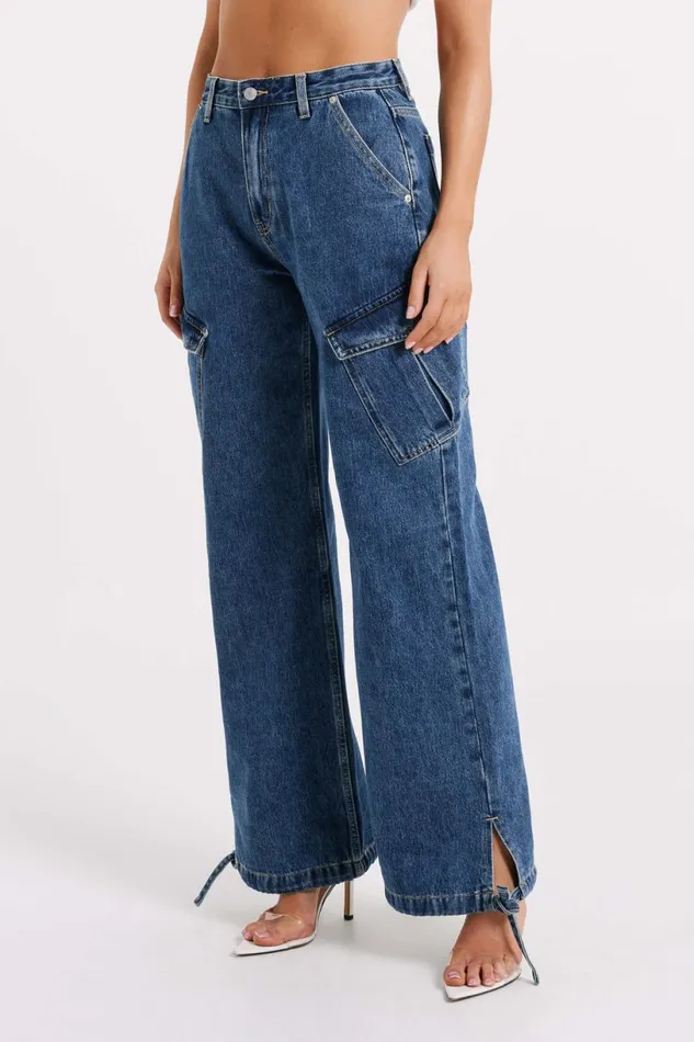 Meshki Basic Bottoms Women Thelma Denim Cargo Pants 8211 Dark Blue Darkblue