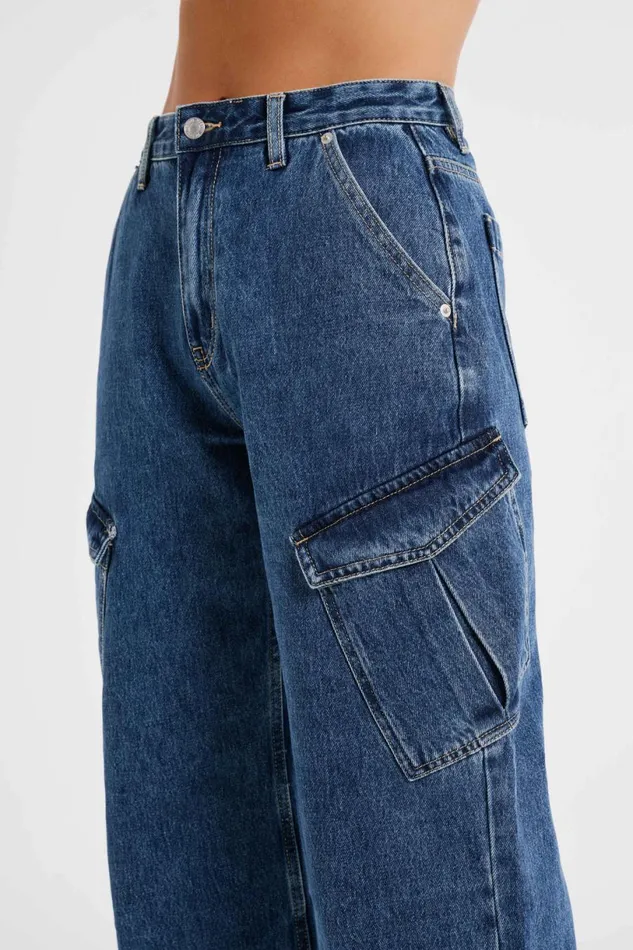 Meshki Basic Bottoms Women Thelma Denim Cargo Pants 8211 Dark Blue Darkblue