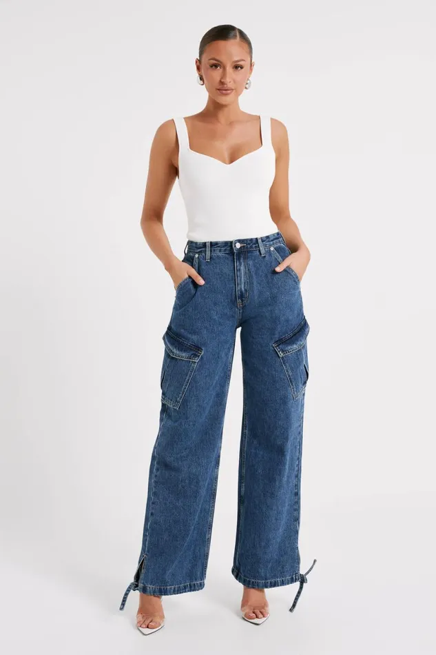 Meshki Basic Bottoms Women Thelma Denim Cargo Pants 8211 Dark Blue Darkblue