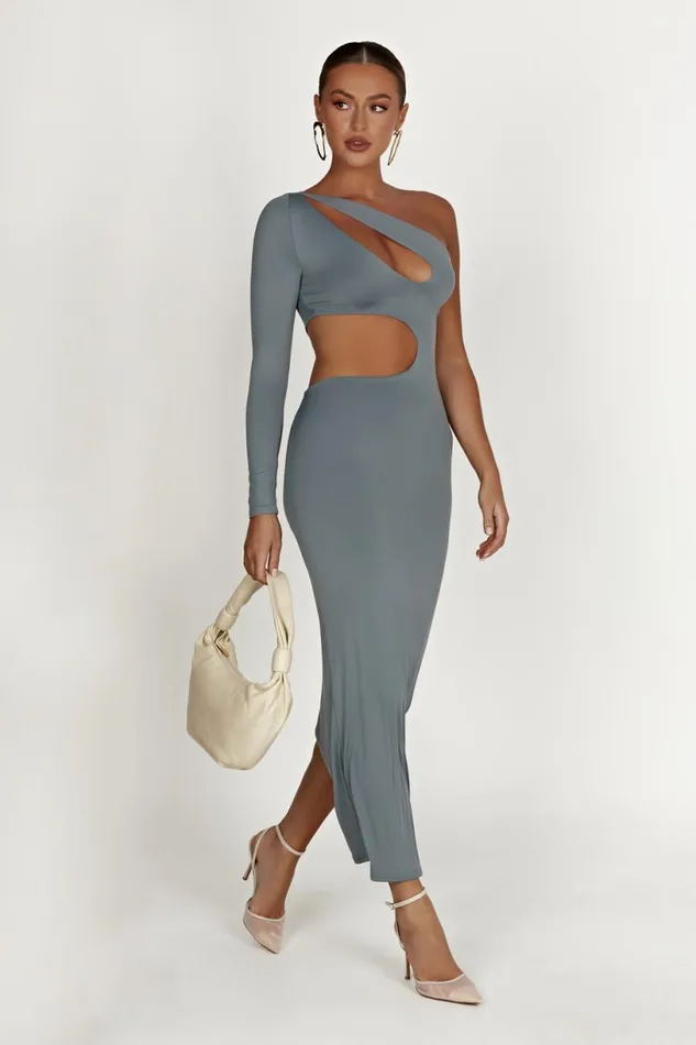Meshki Basic Dresses Women Joyce Recycled Nylon Cut Out Maxi Dress 8211 Light Charcoal Light Charcoal