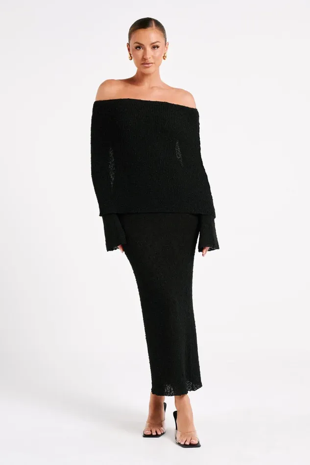 Meshki Basic Dresses Women Marisol Off Shoulder Boucle Maxi Dress 8211 Black Black Meshki Basic Dresses Women Marisol Off Shoulder Boucle Maxi Dress 8211 Black Black