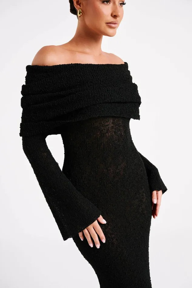 Meshki Basic Dresses Women Marisol Off Shoulder Boucle Maxi Dress 8211 Black Black