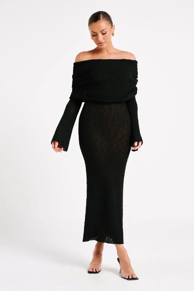 Meshki Basic Dresses Women Marisol Off Shoulder Boucle Maxi Dress 8211 Black Black