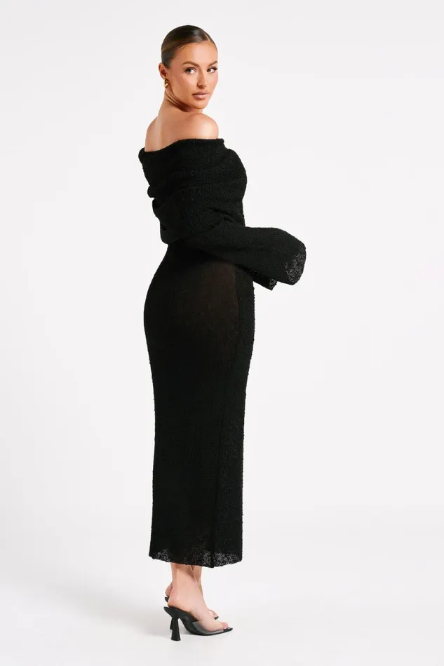 Meshki Basic Dresses Women Marisol Off Shoulder Boucle Maxi Dress 8211 Black Black