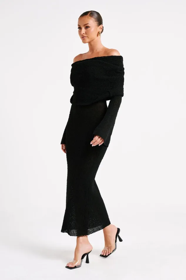 Meshki Basic Dresses Women Marisol Off Shoulder Boucle Maxi Dress 8211 Black Black