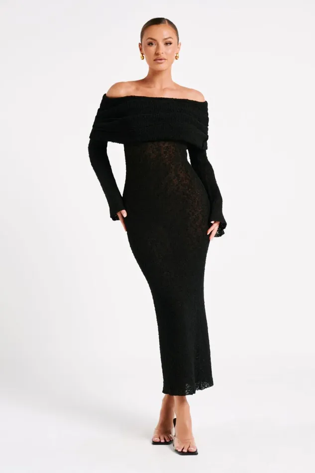 Meshki Basic Dresses Women Marisol Off Shoulder Boucle Maxi Dress 8211 Black Black