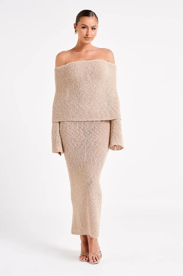 Meshki Basic Dresses Women Marisol Off Shoulder Boucle Maxi Dress 8211 Wheat Wheat Meshki Basic Dresses Women Marisol Off Shoulder Boucle Maxi Dress 8211 Wheat Wheat