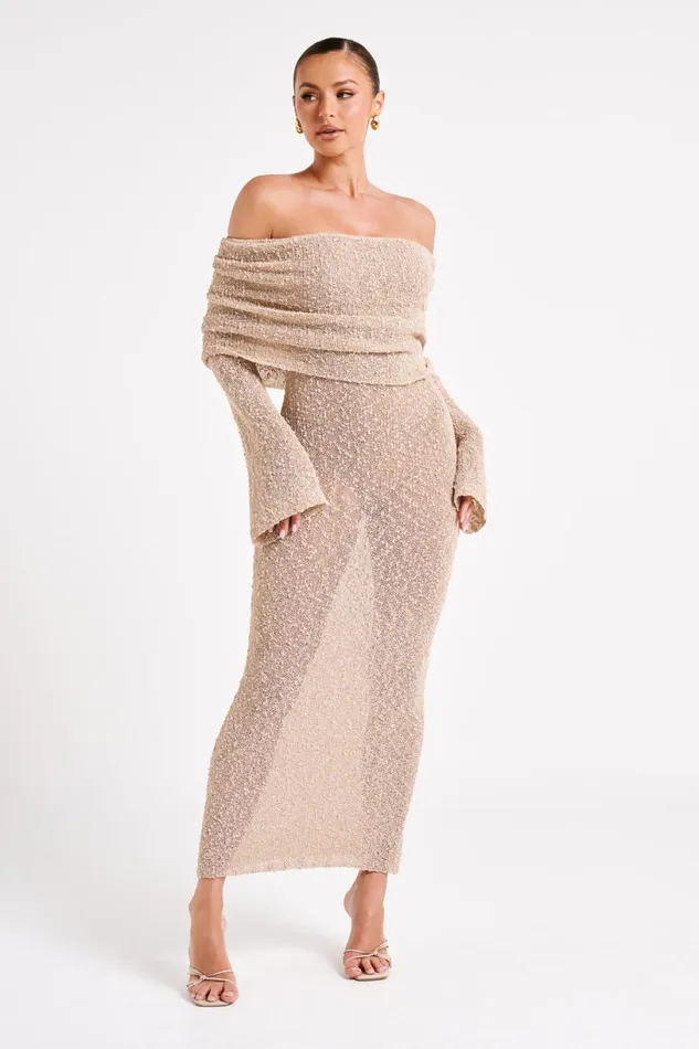 Meshki Basic Dresses Women Marisol Off Shoulder Boucle Maxi Dress 8211 Wheat Wheat